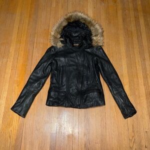 Danier Black Leather Jacket with Faux-Fur Hood